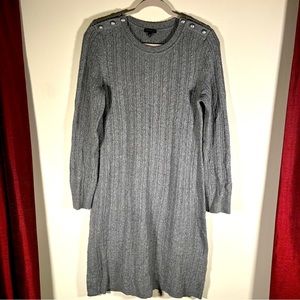 Talbots gray sweater dress, size Medium, fun button design on the shoulder